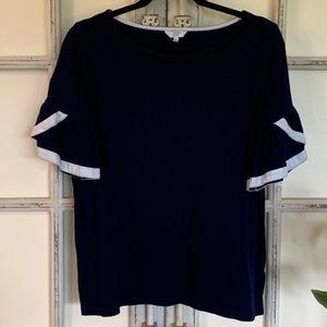 Crown & Ivy, Short Ruffle Sleeve Top, Navy Blue, Size S